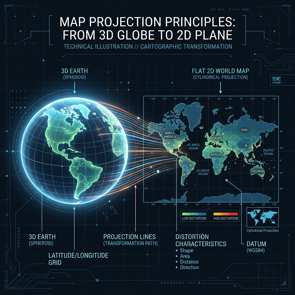 Ilustración técnica de una esfera proyectando un mapa